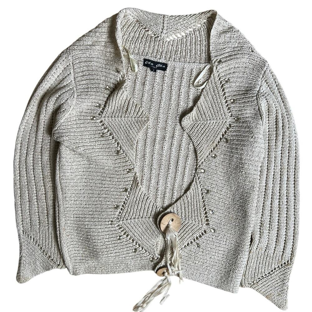 Cha Cha Paris Size 1 Vente Open Front Cream Tie Knit Women’s Sweater